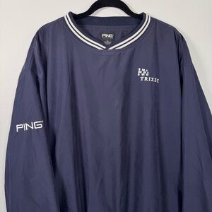 PING Jacket Mens XL Blue Golf
Windbreaker Pullover Elastic Waist
V Neck Stripe